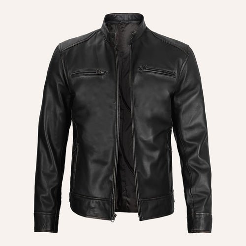 Men's Distressed Black Leather Cafe Racer Jacket