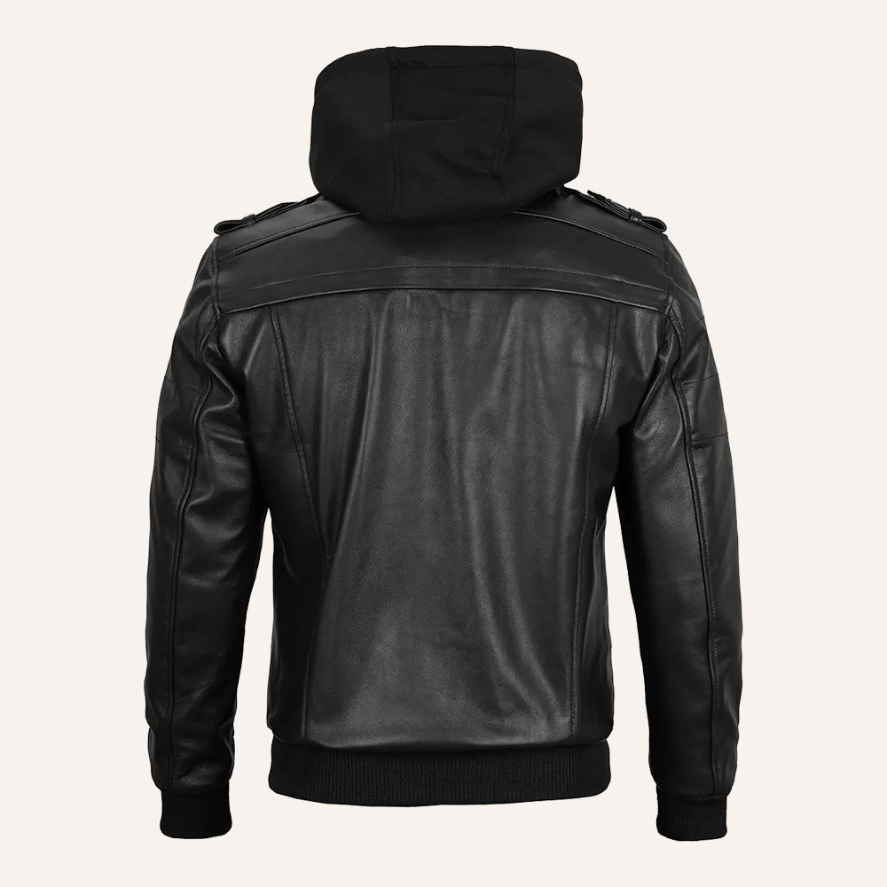 Men's Black Leather Jacket with Detachable Hood