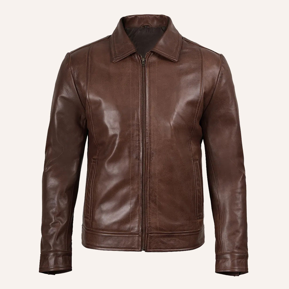 Men's Brown Leather Jacket with Snap Cuffs