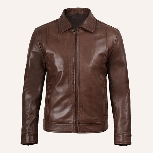 Men's Brown Leather Jacket with Snap Cuffs