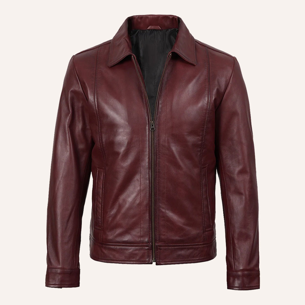 Men's Burgundy Leather Jacket with Front Zip Closure