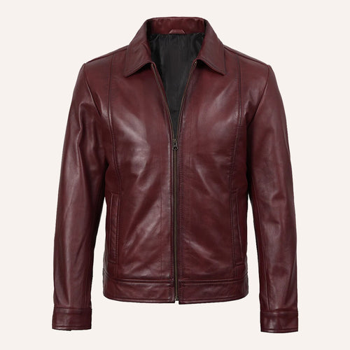 Men's Burgundy Leather Jacket with Front Zip Closure