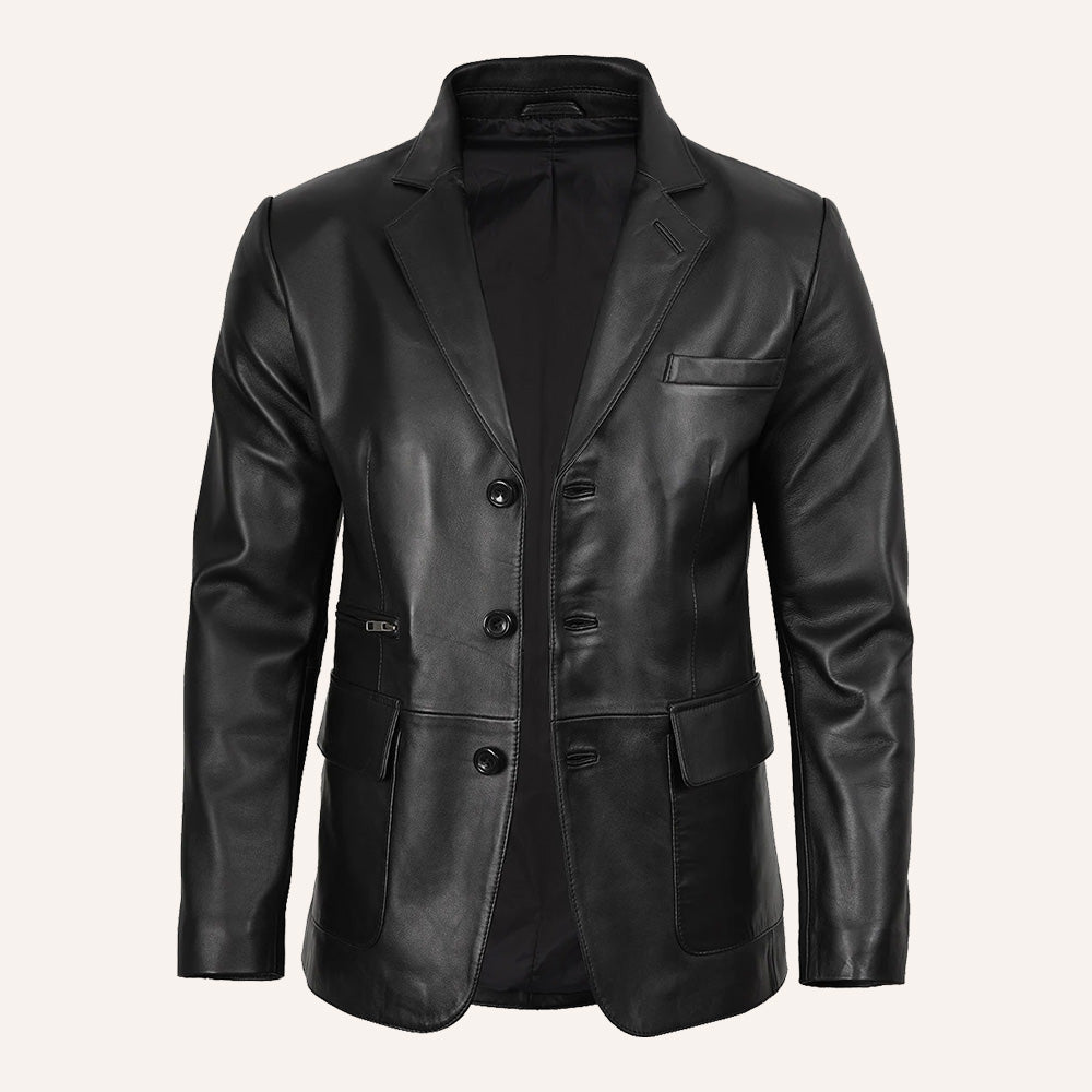 Men’s Classic Tailored Black Real Leather Blazer Jacket