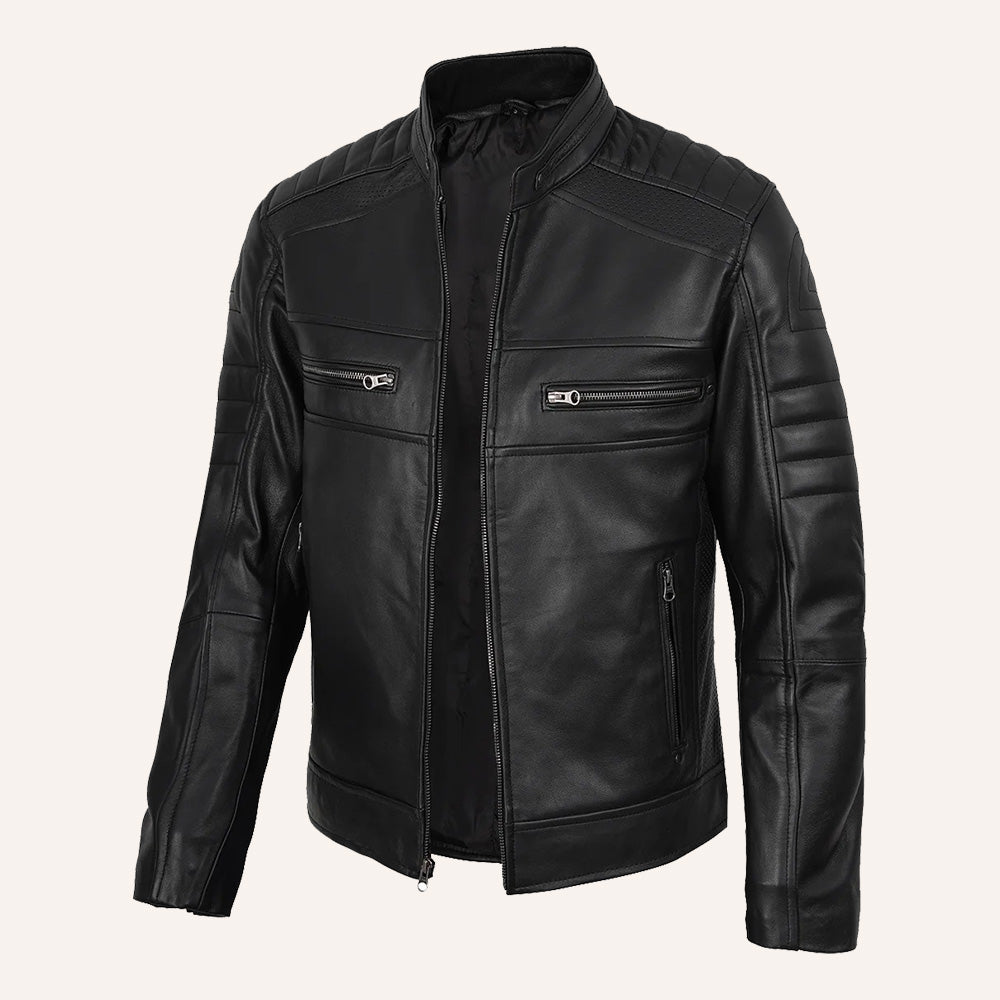 Men’s Classic Black Real Leather Cafe Racer Biker Jacket