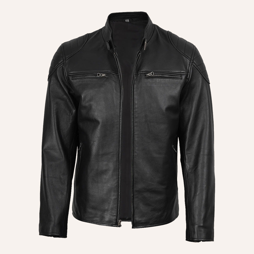Men’s Classic Black Real Leather Quilted Cafe Racer Jacket