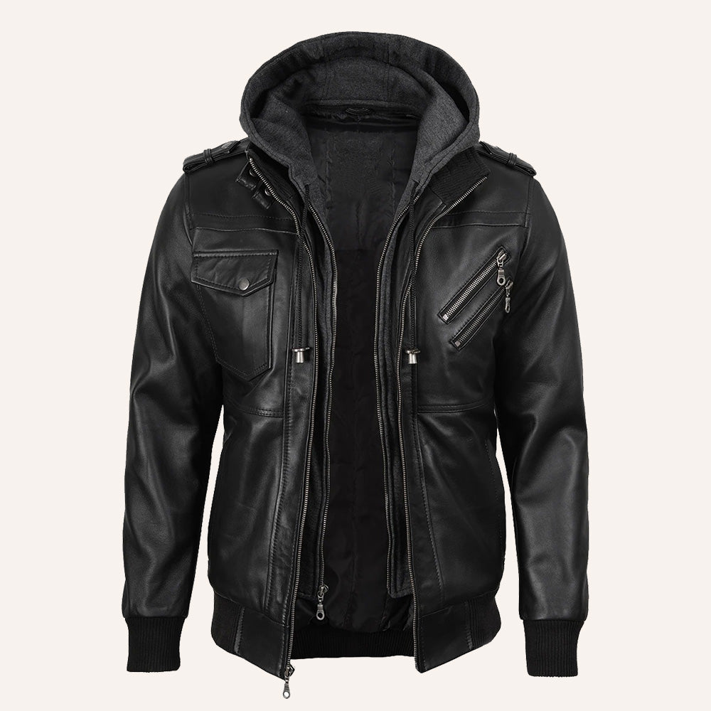 Men’s Black Real Leather 2-in-1 Hooded Bomber Jacket with Removable Hood