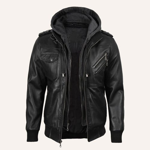 Men’s Black Real Leather 2-in-1 Hooded Bomber Jacket with Removable Hood