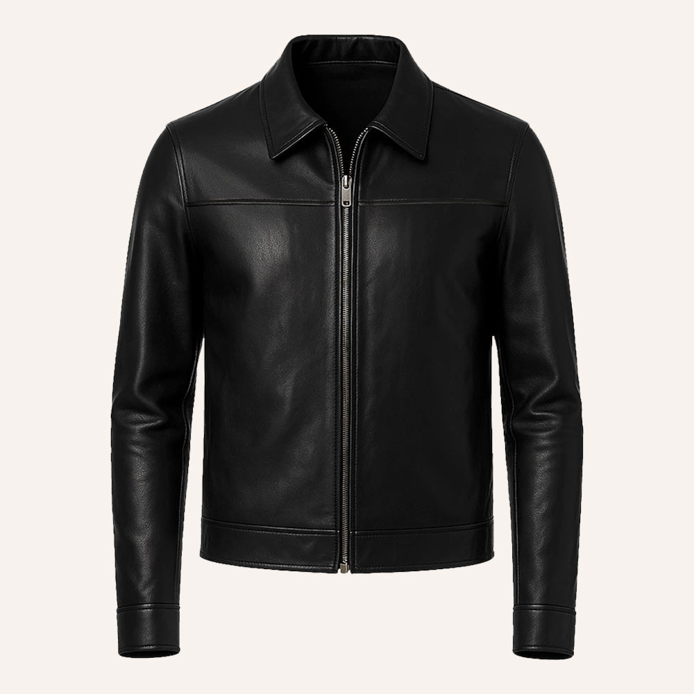Men’s Classic Black Leather Jacket with Shirt Collar