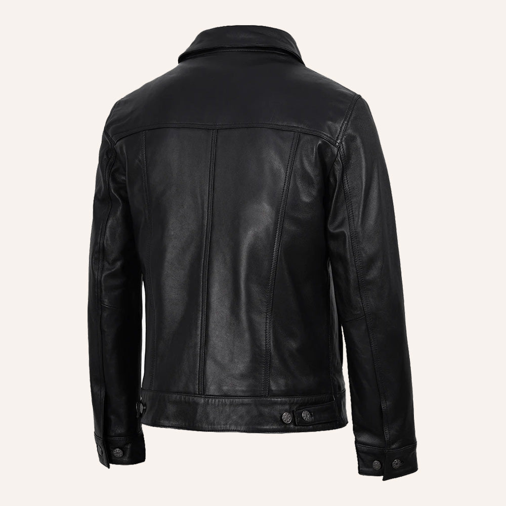 Men's Black Leather Trucker Jacket – Classic Button Front Jacket
