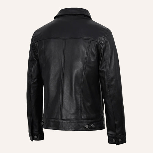 Men's Black Leather Trucker Jacket – Classic Button Front Jacket