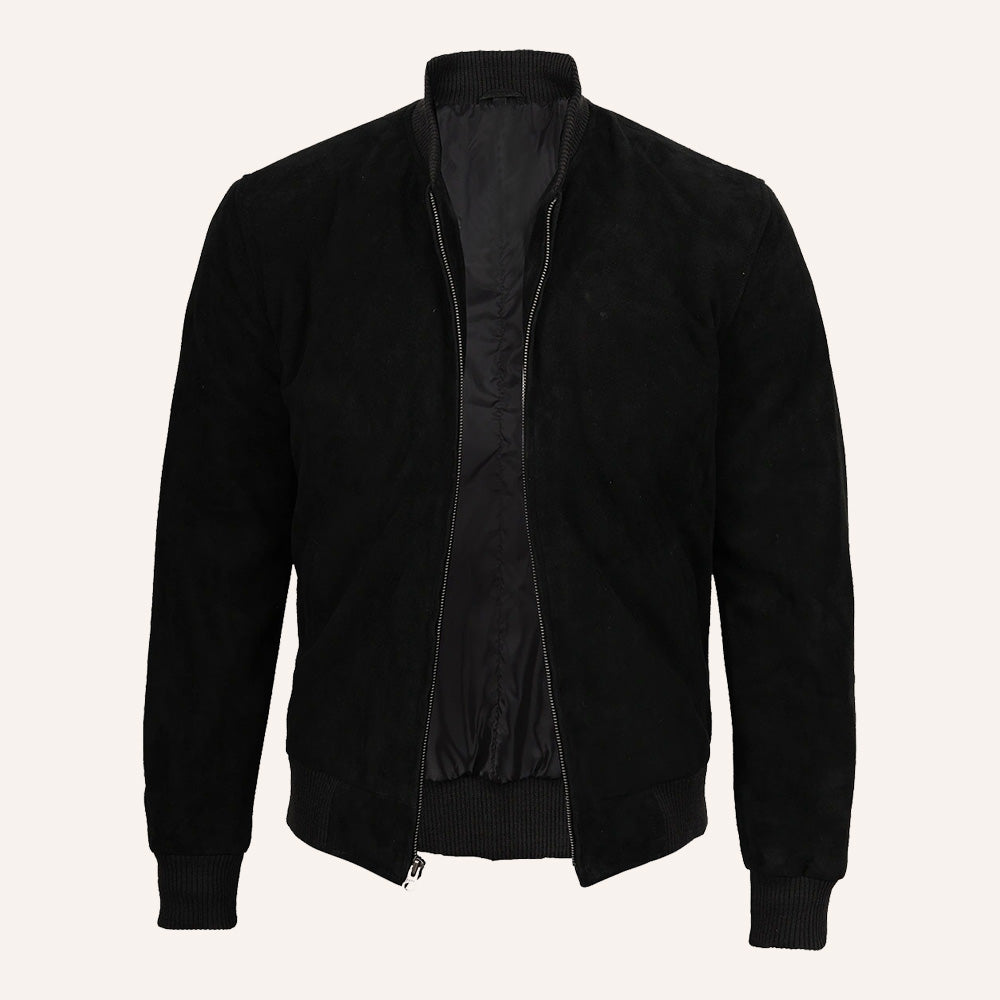 Men’s Classic Black Suede Leather Bomber Jacket