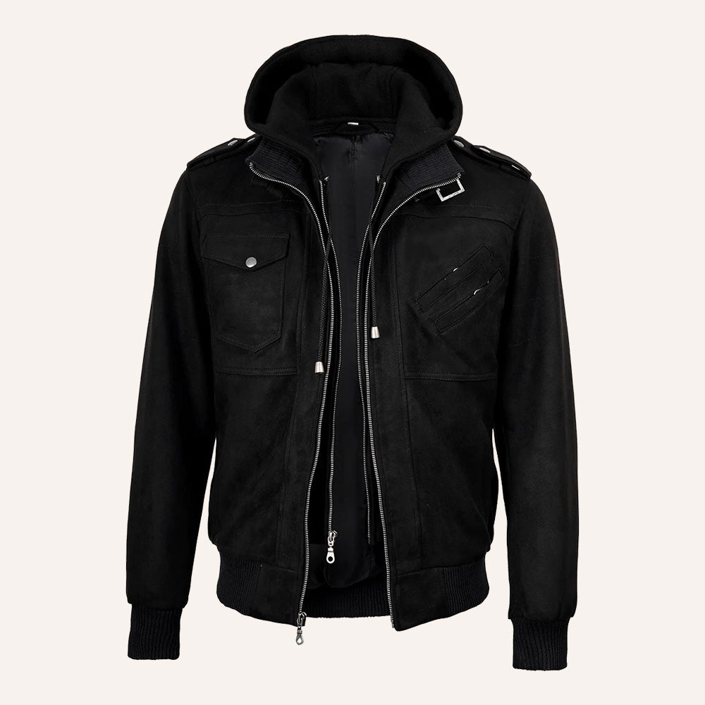 Men’s Classic Black Real Suede 2-in-1 Hooded Bomber Jacket with Removable Hood