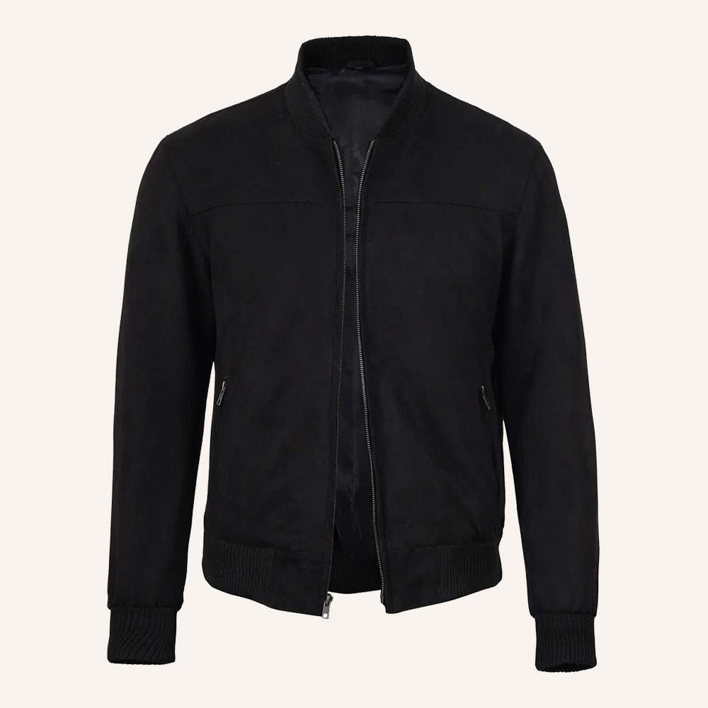 Men’s Classic Black Real Suede Leather Bomber Jacket