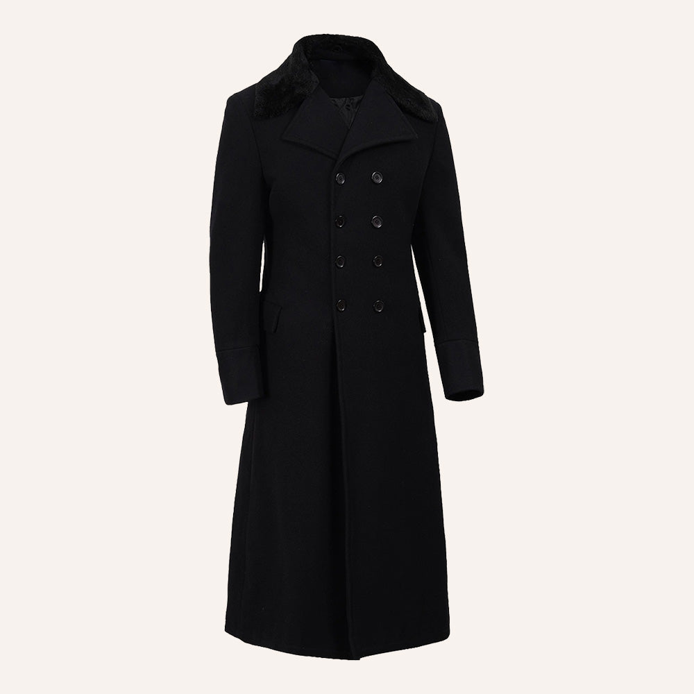 Men’s Classic Black Long Wool Greatcoat with Faux Fur Collar