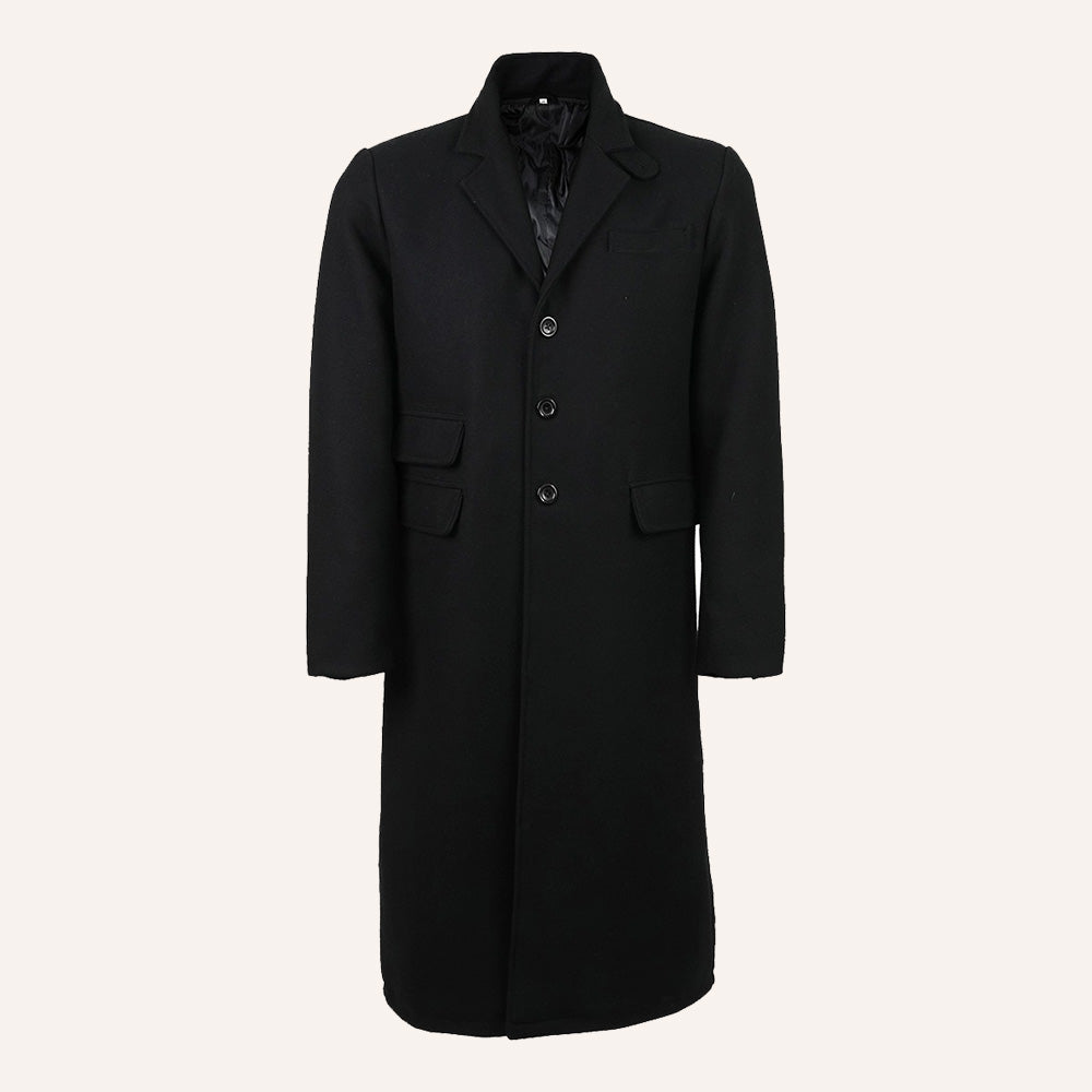 Men’s Classic Black Wool Long Overcoat with Removable Zip Vest