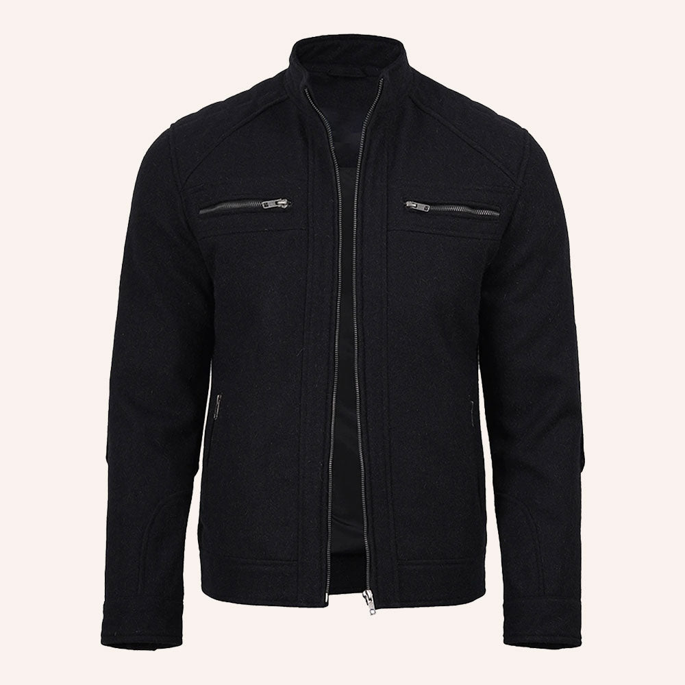 Men’s Classic Black Wool Racer Biker Jacket