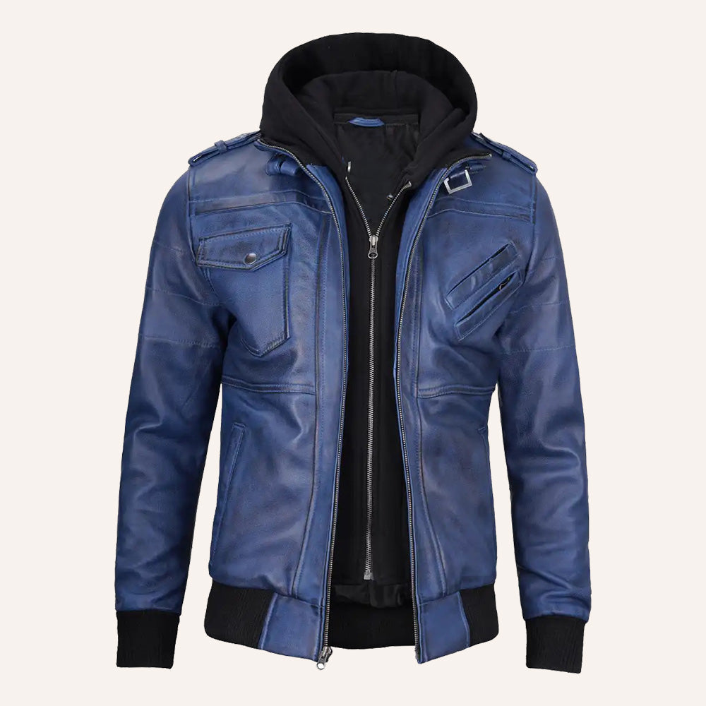 Men’s Vintage Blue Real Leather 2-in-1 Hooded Bomber Jacket with Removable Hood
