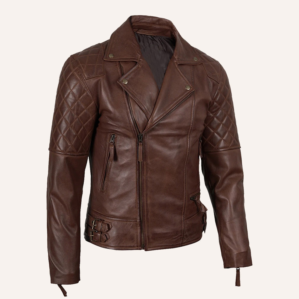 Men’s Classic Brown Real Leather Quilted Biker Jacket