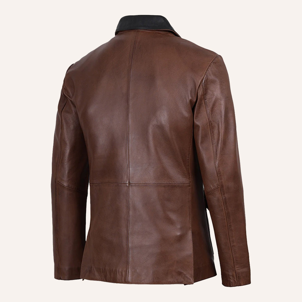 Men’s Classic Two-Tone Brown Real Leather Blazer with Black Lapel