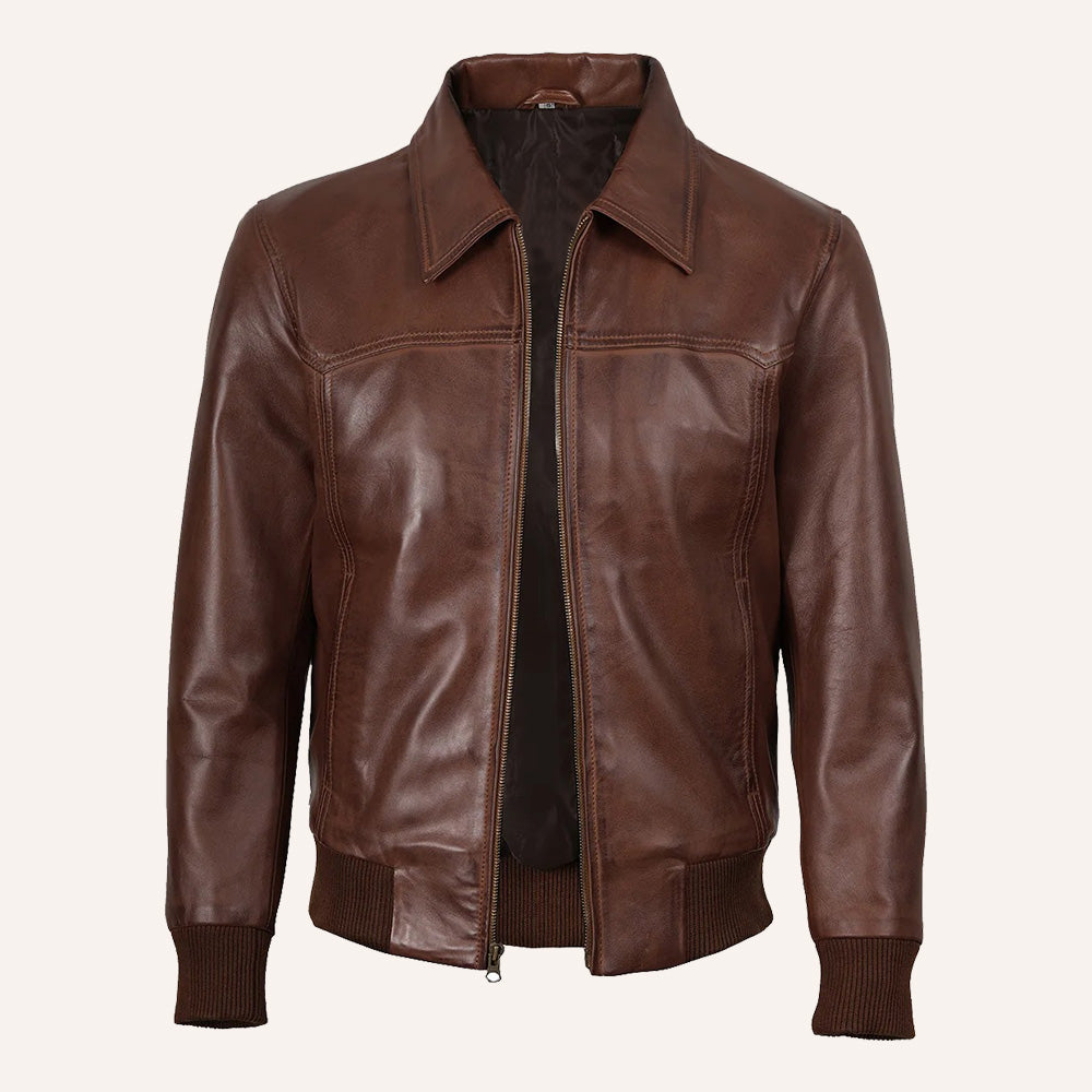 Men’s Classic Brown Real Leather Shirt-Collar Bomber Jacket