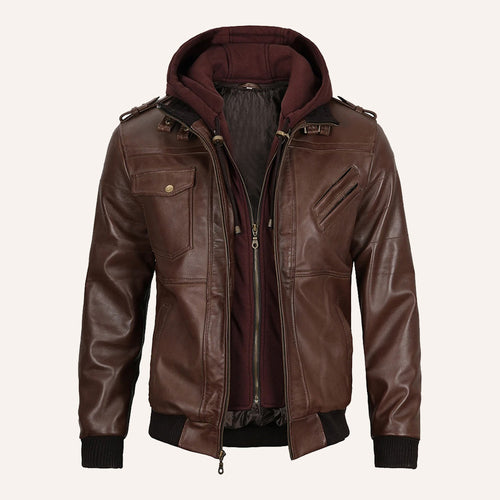 Men’s Brown Real Leather 2-in-1 Hooded Bomber Jacket with Removable Maroon Hood