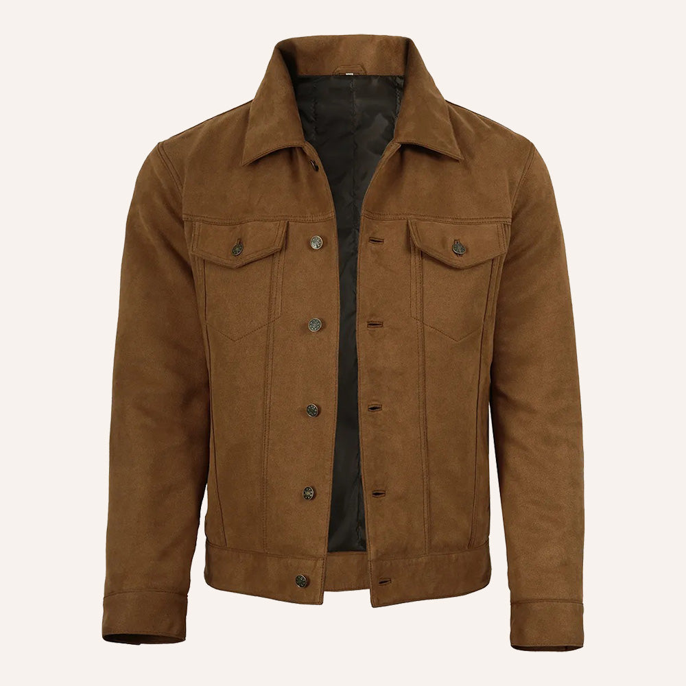 Men’s Classic Tan Brown Real Suede Trucker Jacket