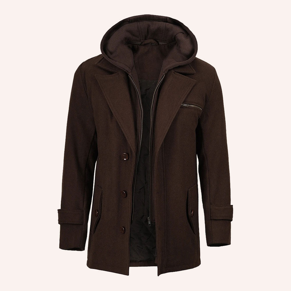 Men’s Classic Dark Brown Wool Pea Coat with Removable Hood