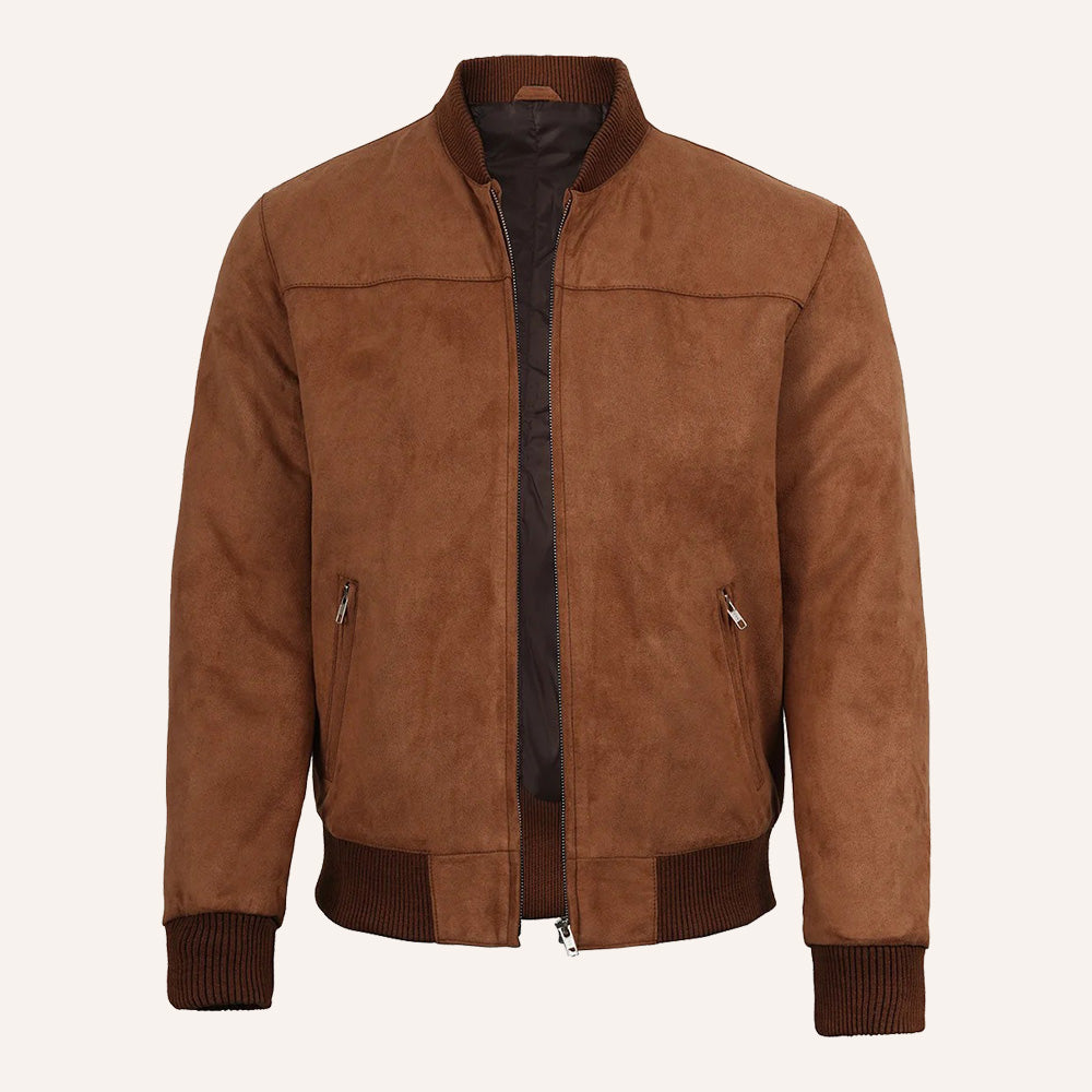 Men’s Classic Cognac Brown Real Suede Leather Bomber Jacket