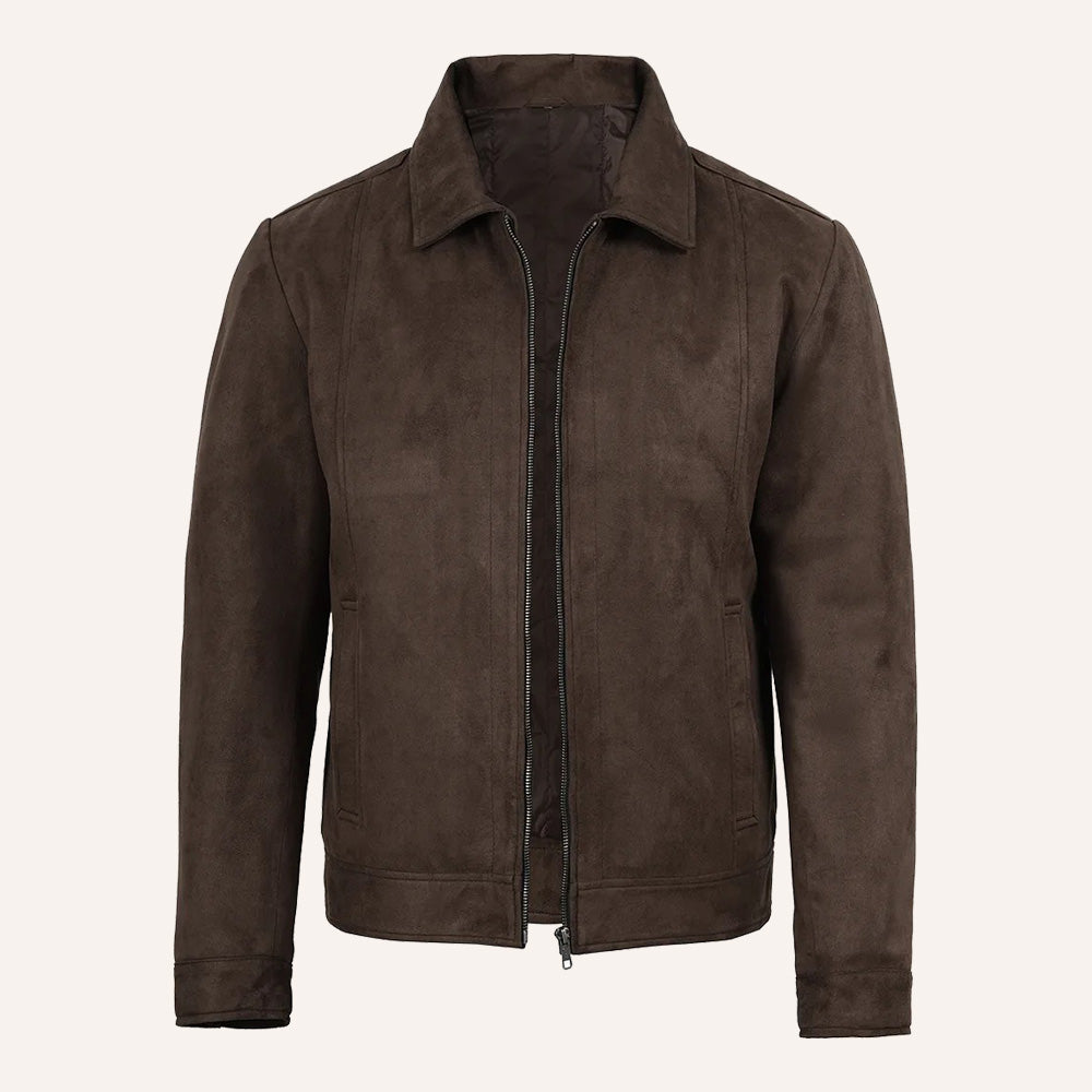 Men’s Classic Dark Brown Faux Suede Zip-Up Jacket