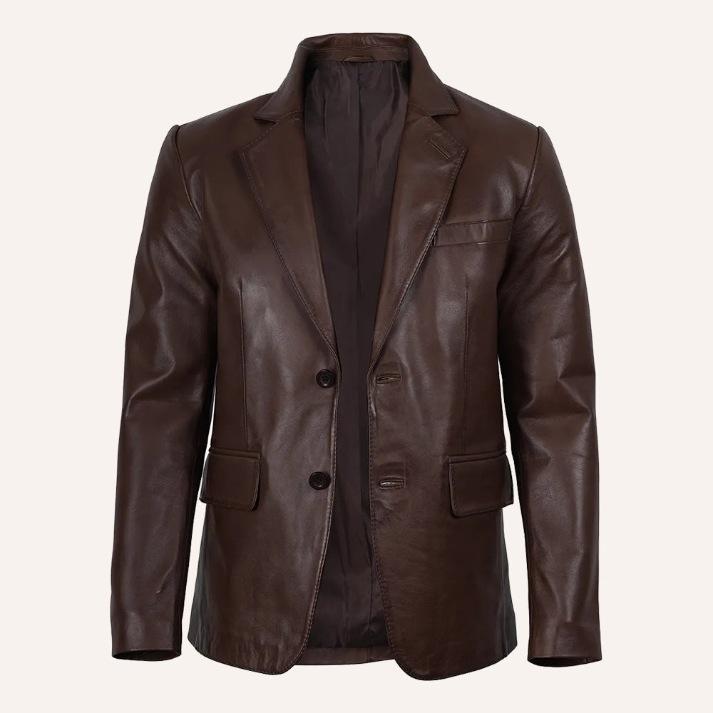 Men’s Classic Dark Brown Real Leather Two-Button Blazer Jacket