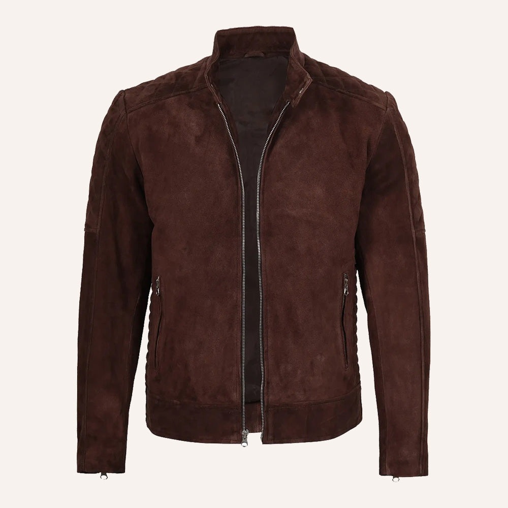 Men’s Classic Dark Brown Quilted Real Suede Biker Jacket