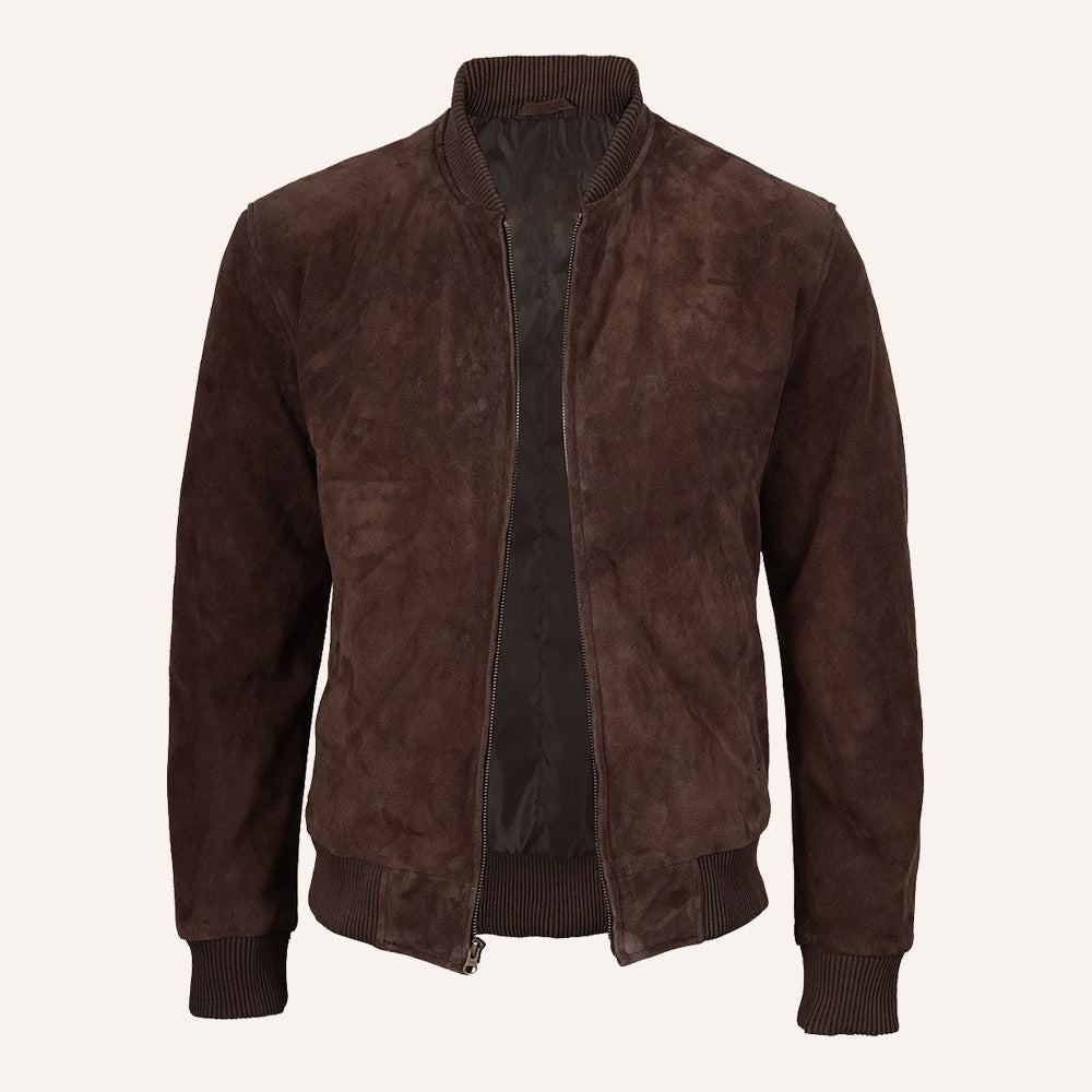 Men’s Classic Dark Brown Suede Bomber Jacket