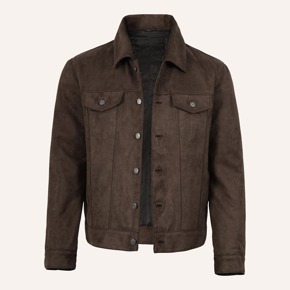 Men’s Classic Dark Brown Real Suede Trucker Jacket