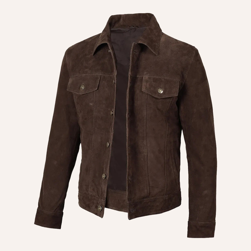 Men’s Vintage Dark Brown Suede Leather Trucker Jacket