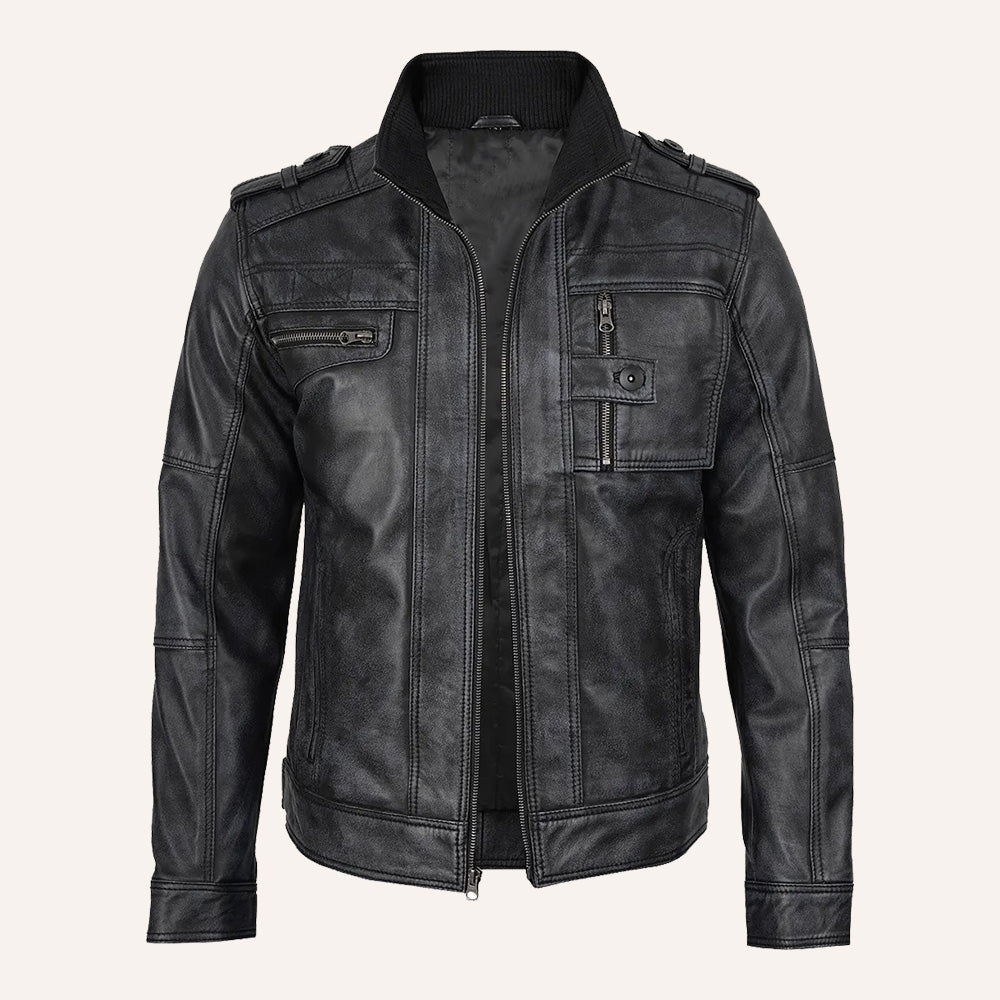 Men’s Distressed Black Real Leather Rib Collar Biker Jacket