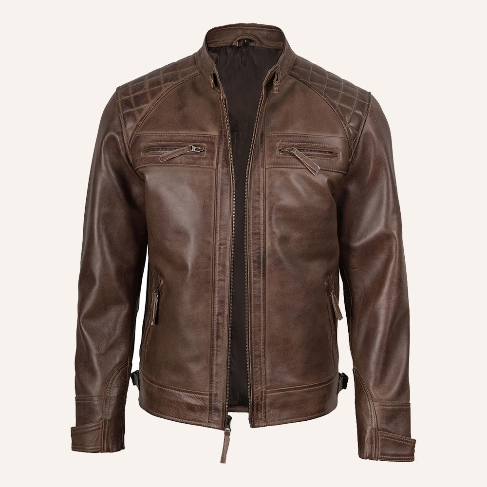 Men’s Distressed Brown Real Leather Quilted Biker Jacket