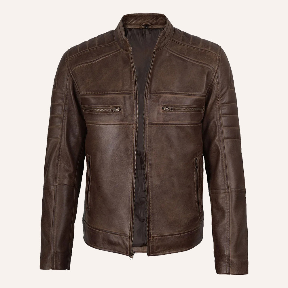 Men’s Distressed Brown Real Leather Cafe Racer Biker Jacket
