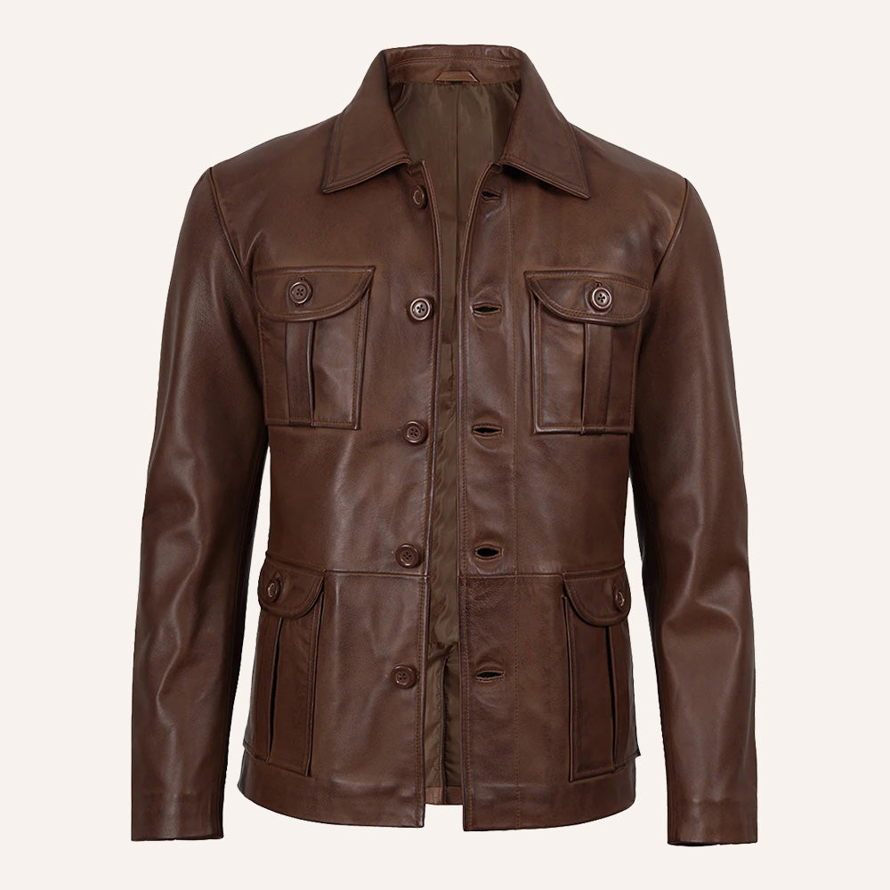 Men’s Classic Distressed Brown Real Leather Safari Field Jacket