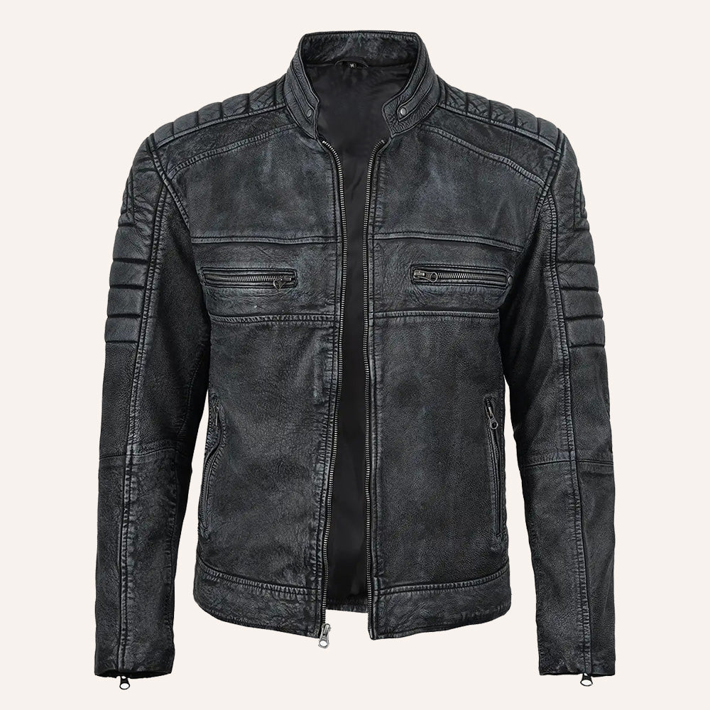 Men’s Distressed Grey Real Leather Cafe Racer Biker Jacket