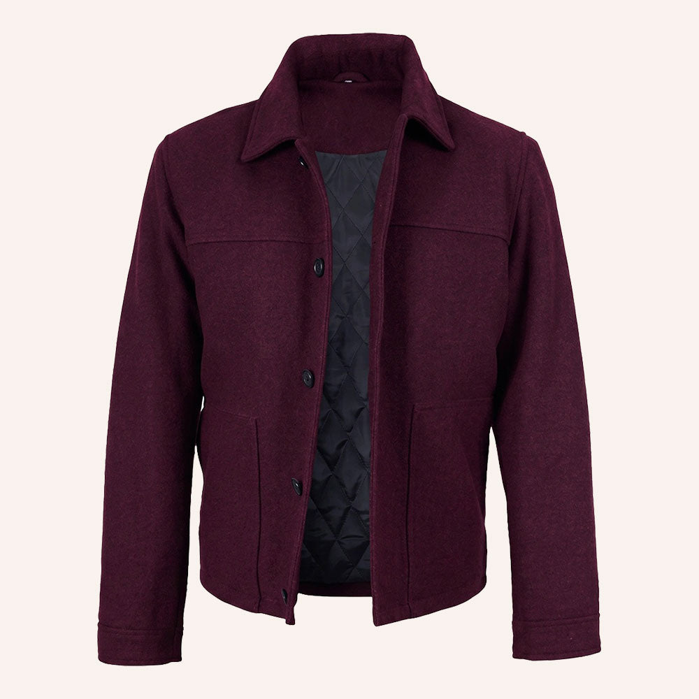 Men’s Classic Burgundy Wool Shirt Jacket with Quilted Lining