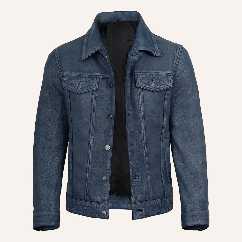 Men’s Vintage Navy Blue Real Leather Trucker Jacket