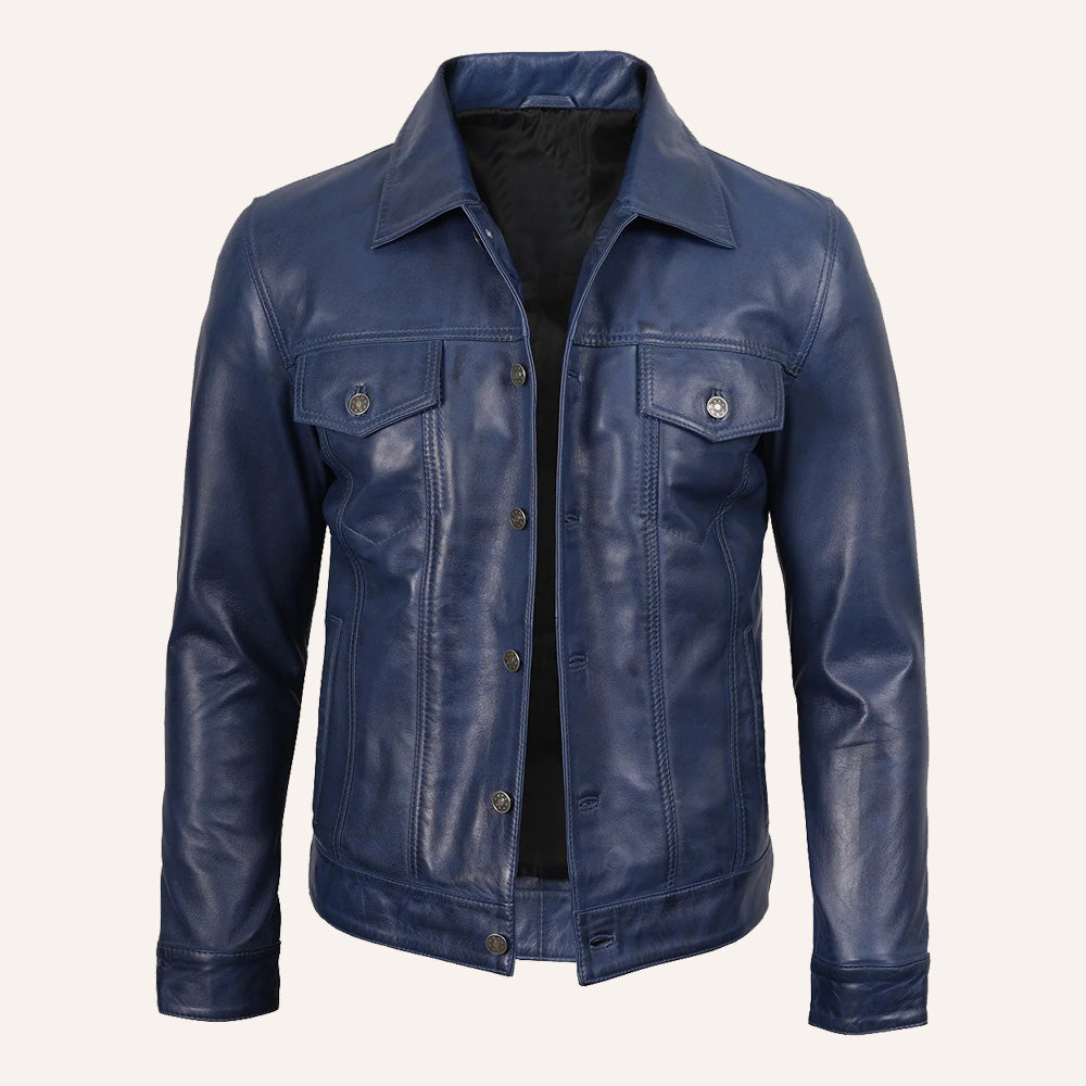Men’s Classic Navy Blue Real Leather Trucker Jacket