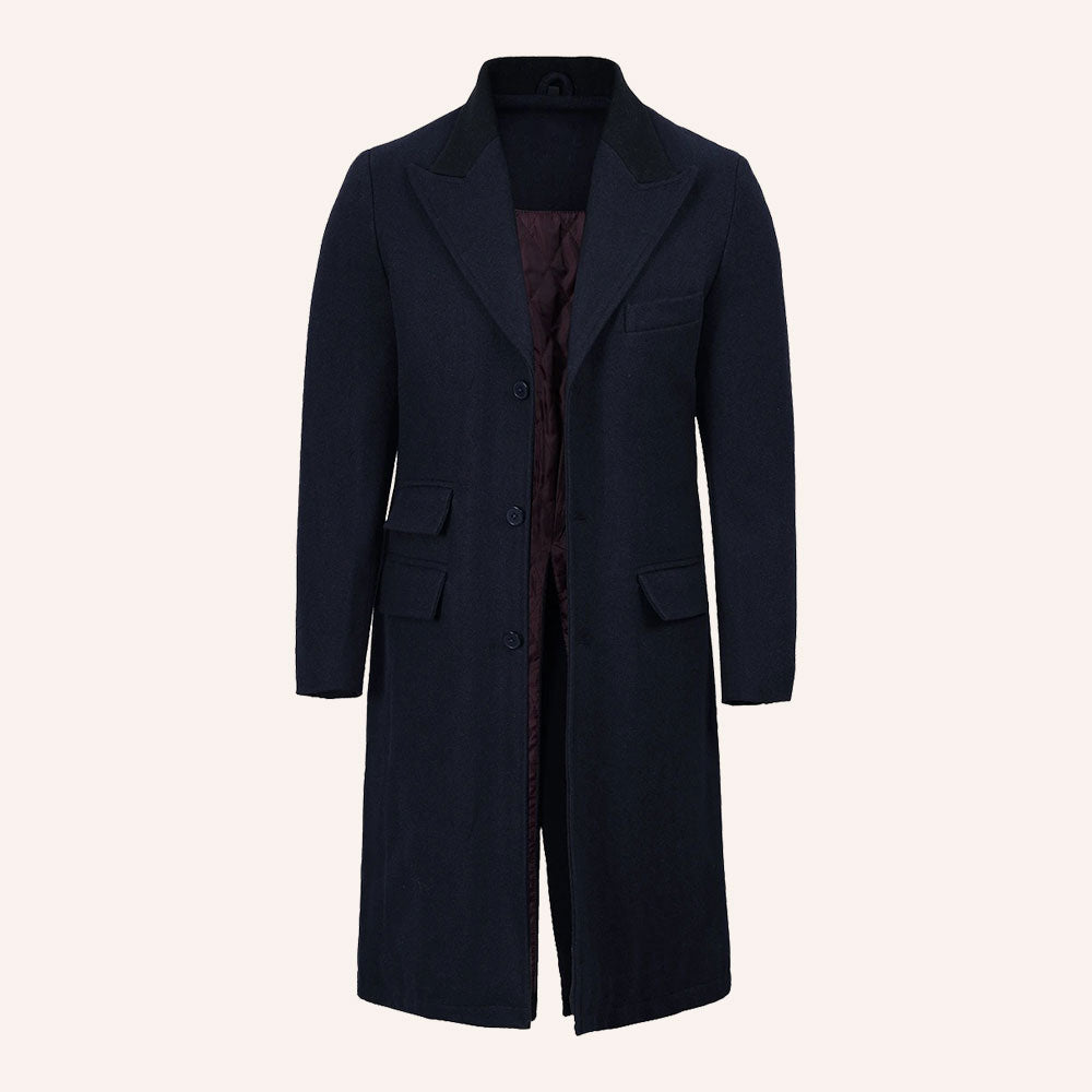 Men’s Classic Navy Blue Wool Overcoat with Velvet Collar