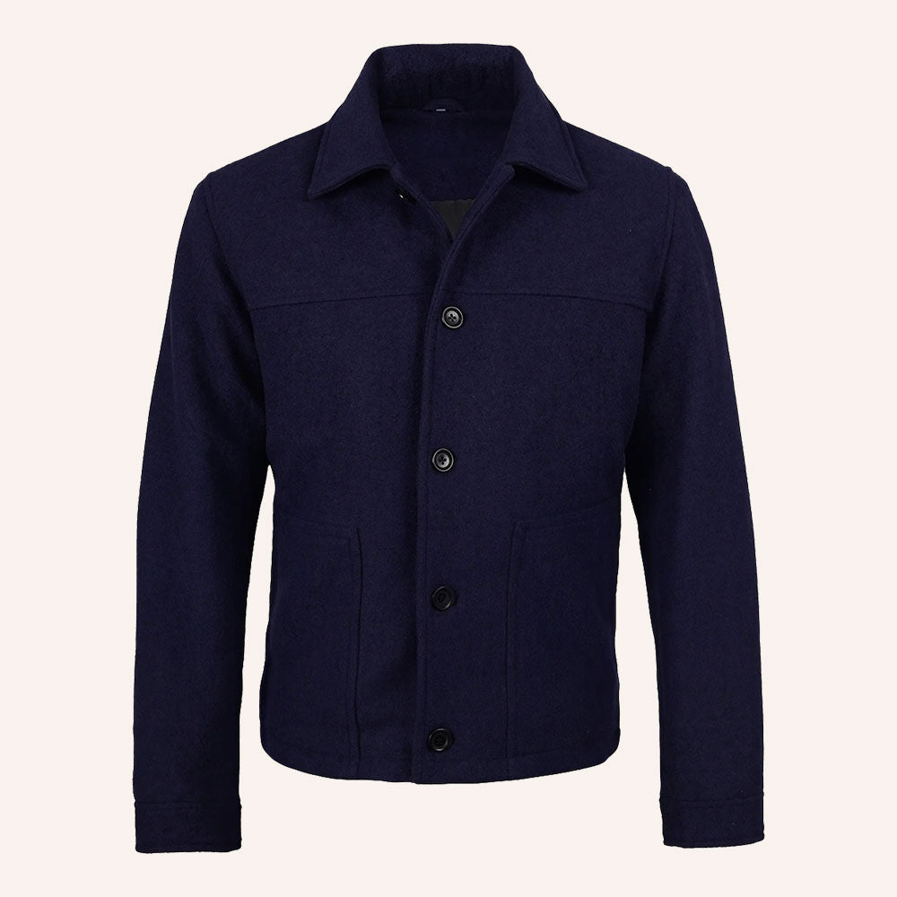 Men’s Classic Navy Blue Wool Shirt Jacket with Quilted Lining