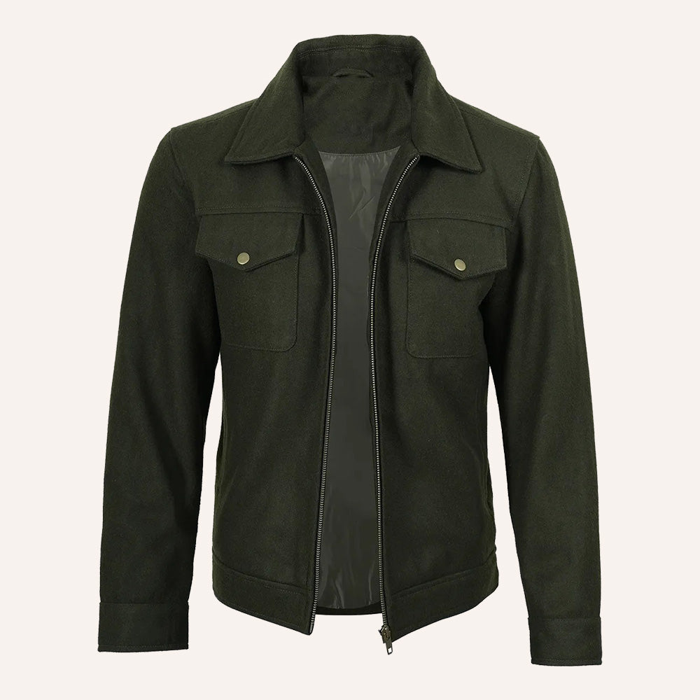 Men’s Classic Olive Green Wool Zip-Up Trucker Jacket