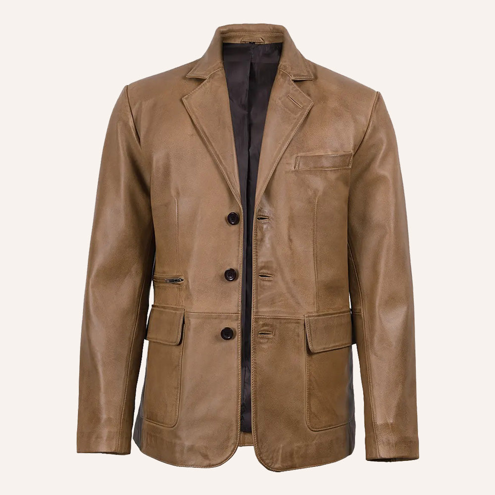 Men’s Classic Tailored Tan Brown Real Leather Blazer Jacket
