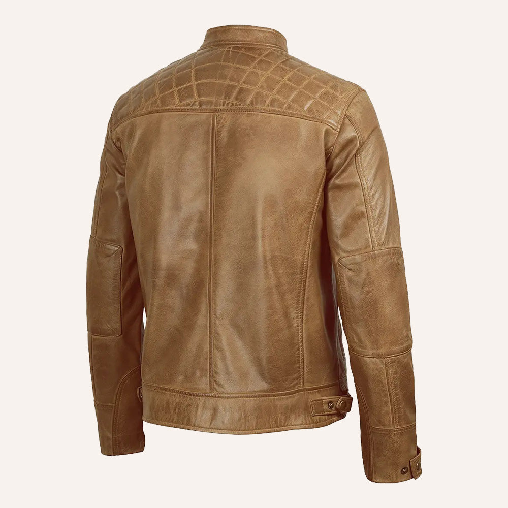 Men’s Distressed Tan Brown Real Leather Cafe Racer Biker Jacket