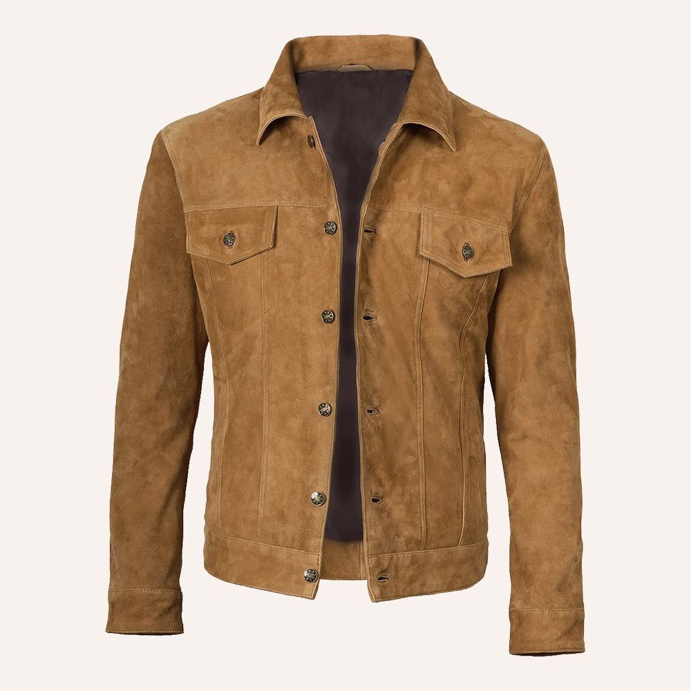 Men’s Vintage Tan Brown Suede Leather Trucker Jacket