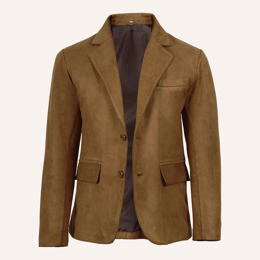 Men’s Classic Tan Real Suede Two-Button Blazer Jacket