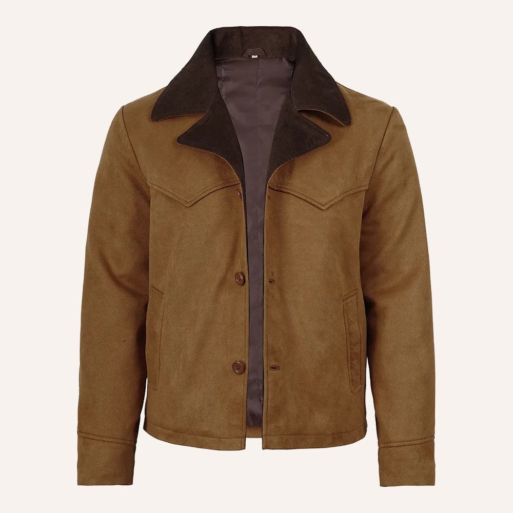 Men’s Classic Tan Real Suede Western Jacket with Corduroy Collar